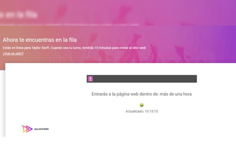 La fila virtual para la compra de entradas para Taylor Swift tiene una hora de espera (Captura Allaccess)