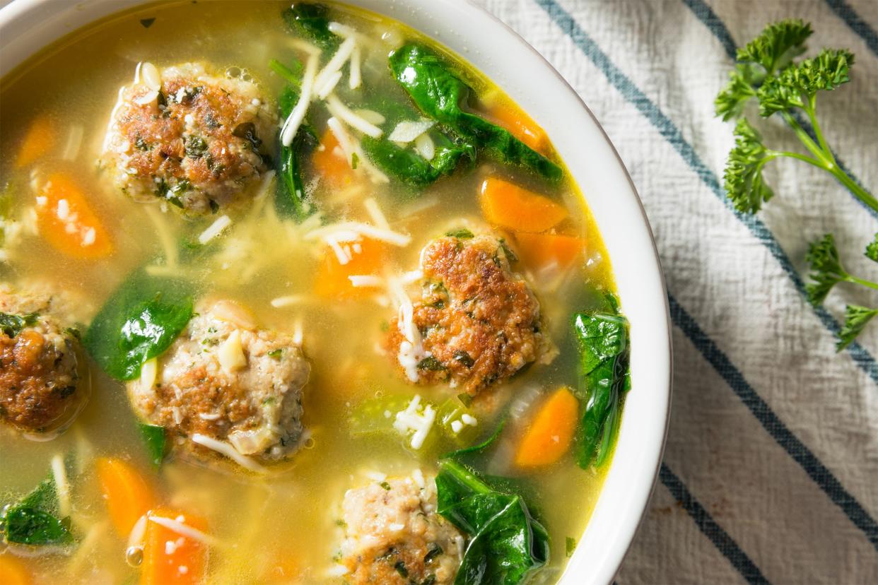 Italian Wedding Soup in white bowl