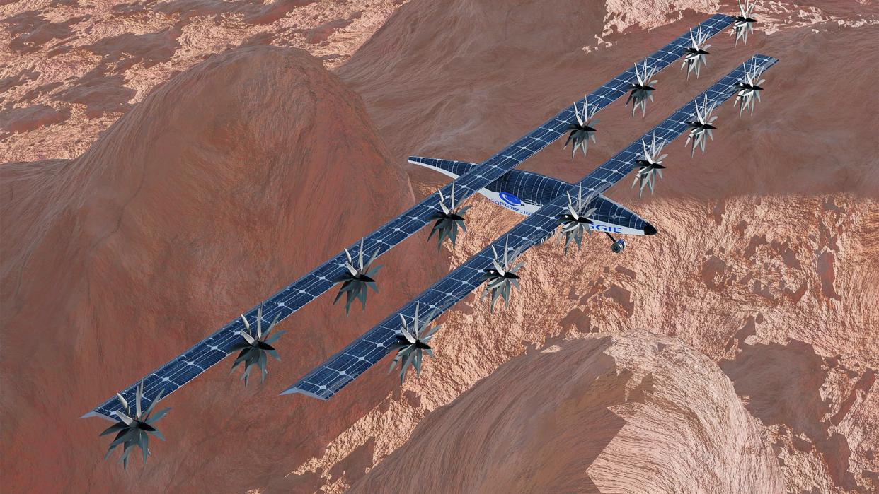  A large-winged aircraft with propellers flying above mars in an illustration. 