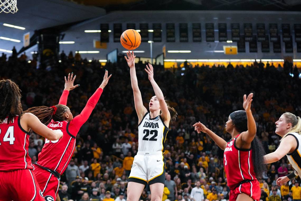 Iowa’s Caitlin Clark on Wednesday was named the Naismith National Player of the Year.