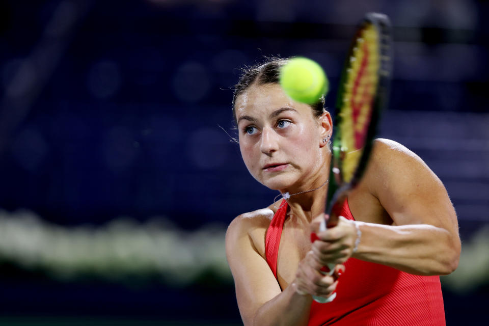 Seen here, Ukraine's Marta Kostyuk playing a backhand during a match on the WTA Tour in 2023. 