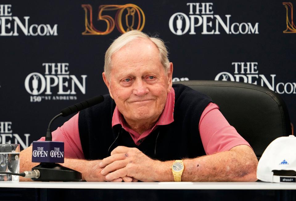 Jul 11, 2022; St. Andrews, SCT; Three-time Open champion Jack Nicklaus during a press conference at the 150th Open Championship golf tournament at St. Andrews Old Course. Jack Nicklaus will join Americans Bobby Jones in 1958 and Benjamin Franklin in 1759 to be awarded honorary citizenship in St. Andrews.Mandatory Credit: Rob Schumacher-USA TODAY Sports