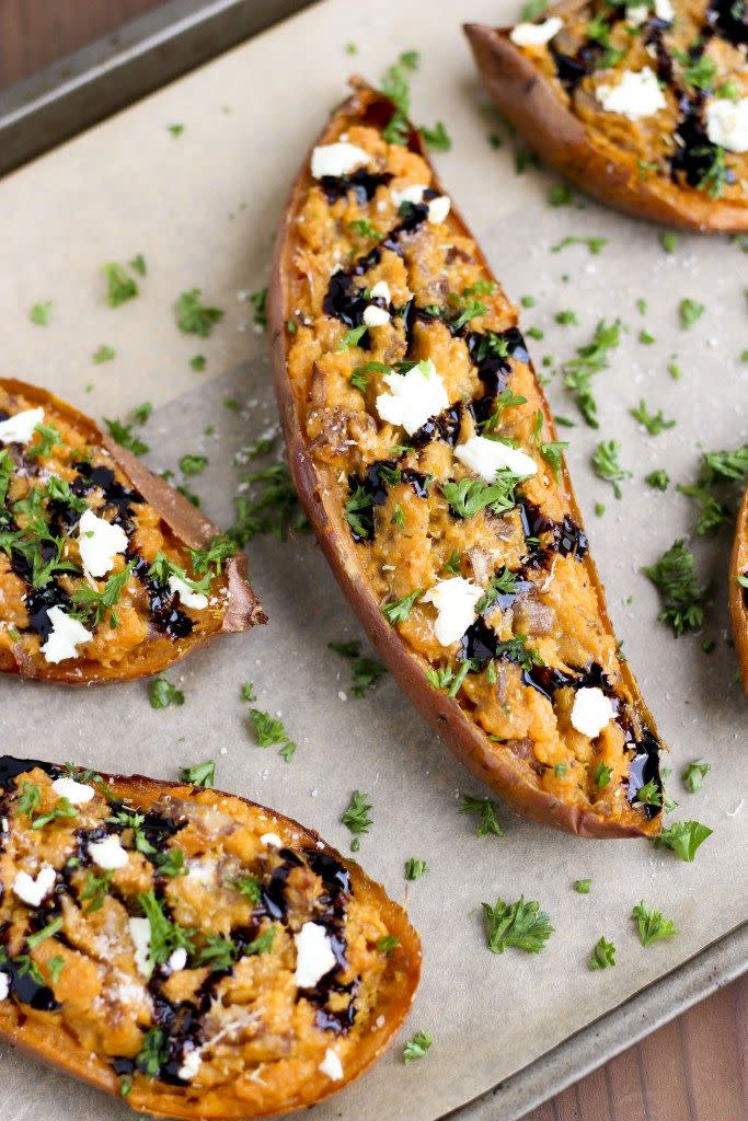 Twice-Baked Sweet Potatoes with Balsamic Onions and Goat Cheese