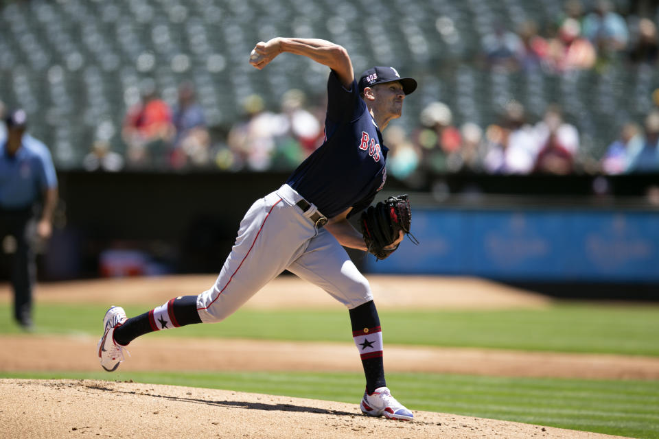 Boston Red Sox starting pitcher Nick Pivetta delivers against the Oakland Athletics during the first inning of a baseball game, Sunday, July 4, 2021, in Oakland, Calif. (AP Photo/D. Ross Cameron)