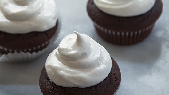 Hot Cocoa Cupcakes with Meringue Frosting