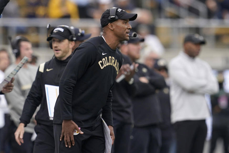 Colorado head coach Karl Dorrell watches from the sideline during the first half of his team's NCAA college football game against California in Berkeley, Calif., Saturday, Oct. 23, 2021. (AP Photo/Jeff Chiu)