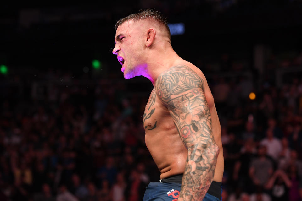 ATLANTA, GA - APRIL 13:  Dustin Poirier reacts after finishing five rounds against Max Holloway in their interim lightweight championship bout during the UFC 236 event at State Farm Arena on April 13, 2019 in Atlanta, Georgia. (Photo by Josh Hedges/Zuffa LLC/Zuffa LLC via Getty Images)