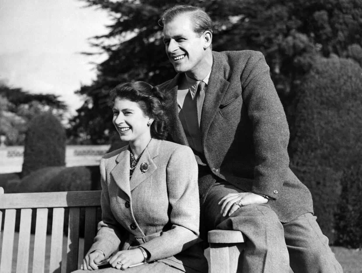 <p>Posing during their honeymoon in 1947 on Broadlands estate, Hampshire</p> (AFP/Getty)