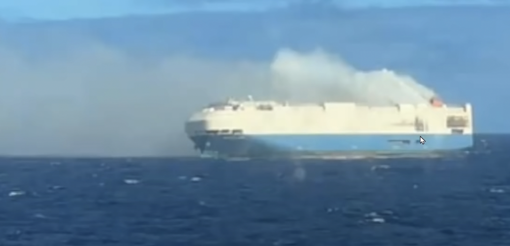 The vessel is on fire in the middle of the ocean. (You Tube/ Sal Mercogliano)