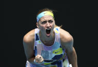 Petra Kvitova of the Czech Republic reacts after winning a point against Spain's Paula Badosa in their second round singles match at the Australian Open tennis championship in Melbourne, Australia, Wednesday, Jan. 22, 2020. (AP Photo/Dita Alangkara)