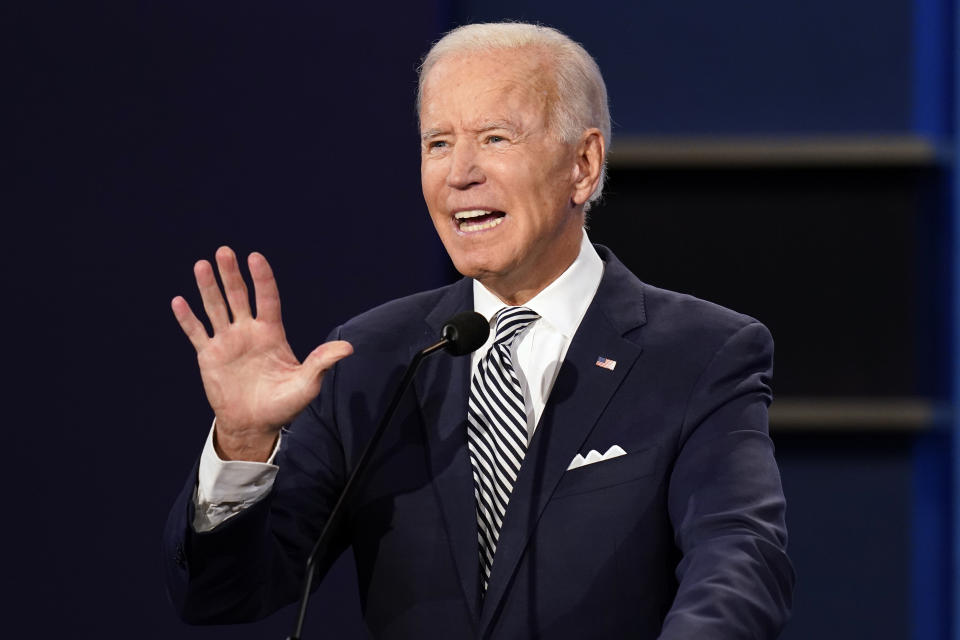 FILE - Democratic presidential candidate former Vice President Joe Biden speaks during the first presidential debate with President Donald Trump Sept. 29, 2020, at Case Western University and Cleveland Clinic, in Cleveland. (AP Photo/Patrick Semansky, File)