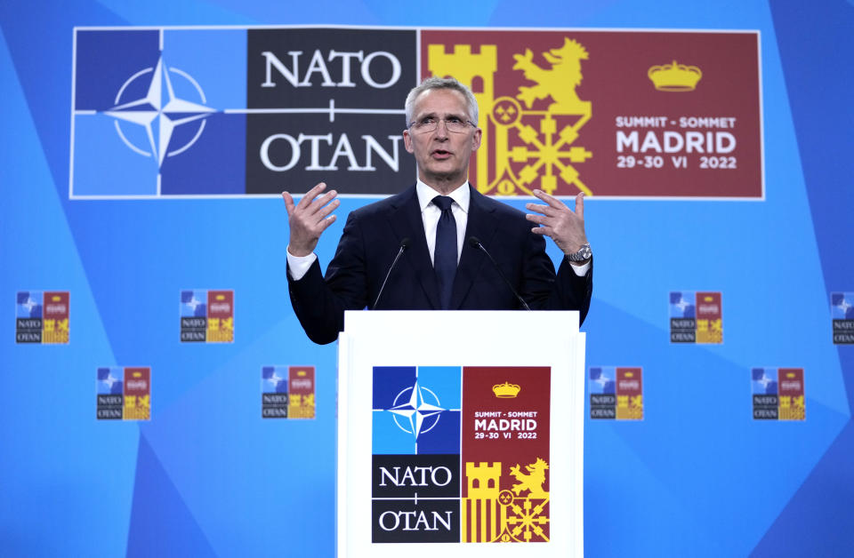 NATO Secretary General Jens Stoltenberg speaks during a media conference at the end of a NATO summit in Madrid, Spain on Thursday, June 30, 2022. North Atlantic Treaty Organization heads of state met for the final day of a NATO summit in Madrid on Thursday. (AP Photo/Bernat Armangue)