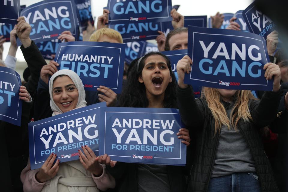 Andrew Yang supporters at the Lincoln Memorial in Washington, D.C., on April 15, 2019.