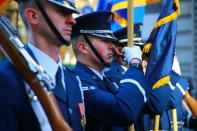 <p>Members of the United States Air Force Honor Guard pause while marching in the Veterans Day parade in New York City on Nov. 11, 2017. (Photo: Gordon Donovan/Yahoo News) </p>