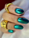 A chrome mani in sea moss green pairs well with a mermaid costume.