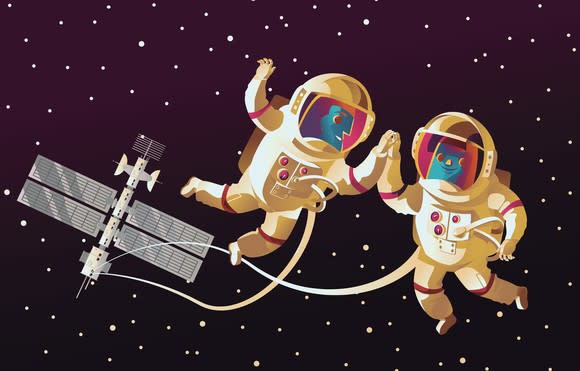 Cartoon astronauts on a space walk near ISS