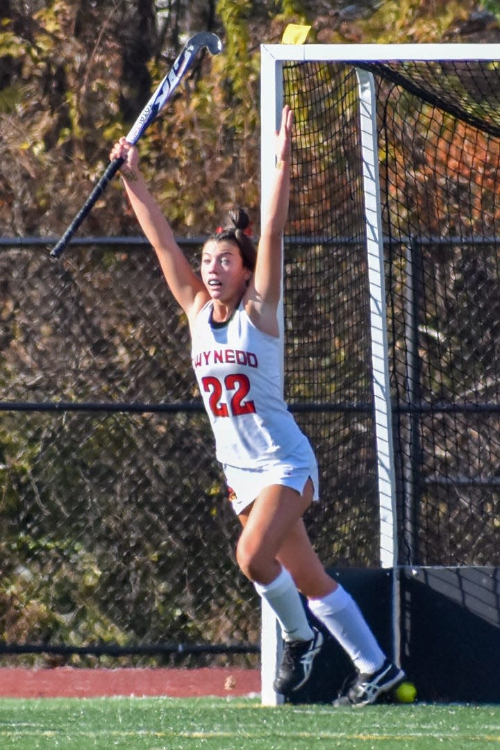 Gwynedd Mercy's Audrey Beck celebrates a goal against Twin Valley in the PIAA Class 2A field hockey championship in Whitehall on Saturday, Nov. 20, 2021. The goal was called back and Twin Valley went on to win 3-2.