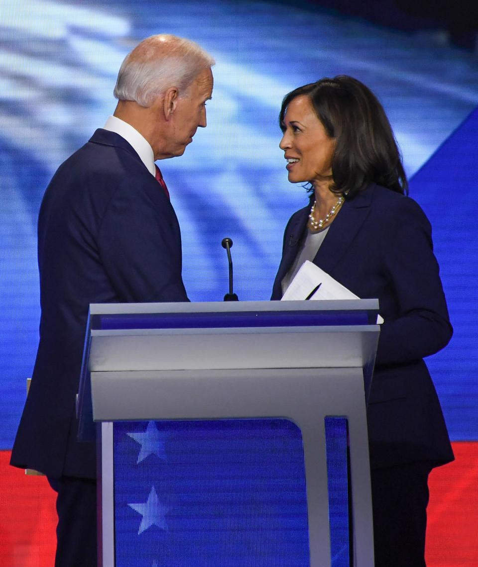 Former Vice President Joe Biden and Sen. Kamala Harris at a Democratic debate in Houston on Sept. 12, 2019.