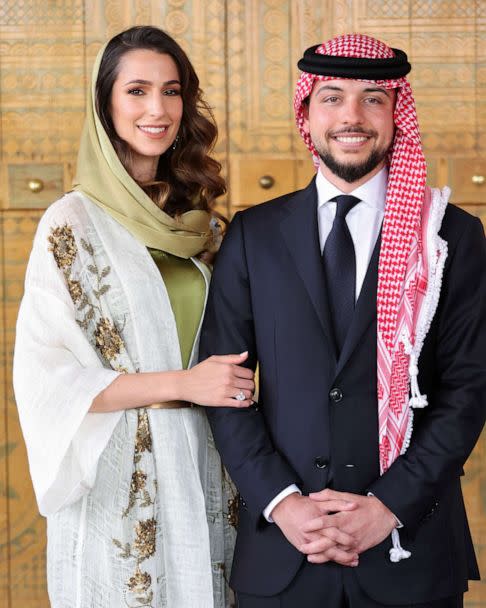PHOTO: Jordan's Crown Prince Hussein stands with Rajwa Al Saif, the youngest daughter of Saudi businessman Khaled Al Saif, for their engagement photo in Riyadh, Saudi Arabia, released by the Royal Hashemite Court on Aug. 17, 2022. (Royal Hashemite Court via Reuters)