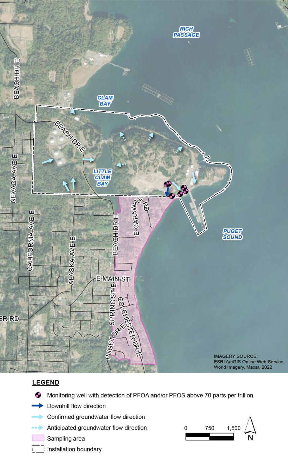 The Navy is asking to sample drinking water located in the pink sampling area in the image that is near Naval Base Manchester after PFAS were detected on base last year.