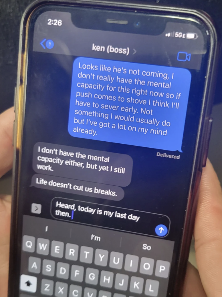 Text messages on a phone screen discussing someone's inability to handle additional work due to mental capacity