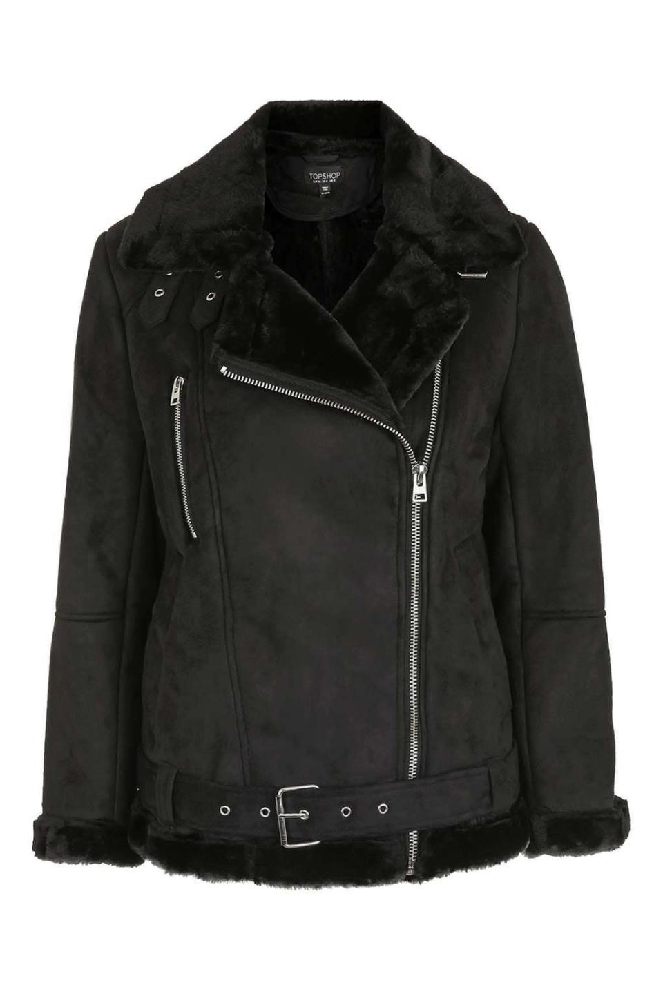 <p><i>[<a href="http://www.topshop.com/en/tsuk/product/faux-shearling-biker-jacket-5752745?bi=0&ps=20&Ntt=biker%20jacket" rel="nofollow noopener" target="_blank" data-ylk="slk:Topshop, £79;elm:context_link;itc:0;sec:content-canvas" class="link ">Topshop, £79</a>]</i></p>