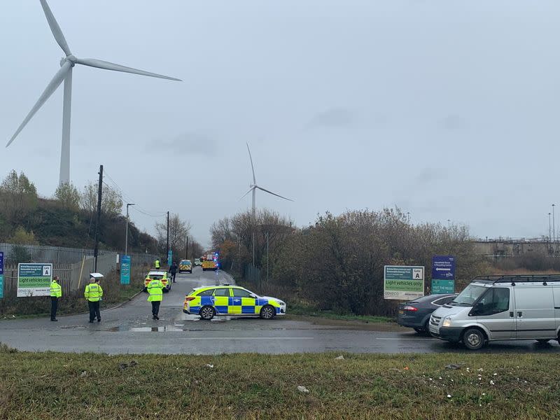 Emergency responders are seen on the scene of a blast in a warehouse in Avonmouth near Bristol