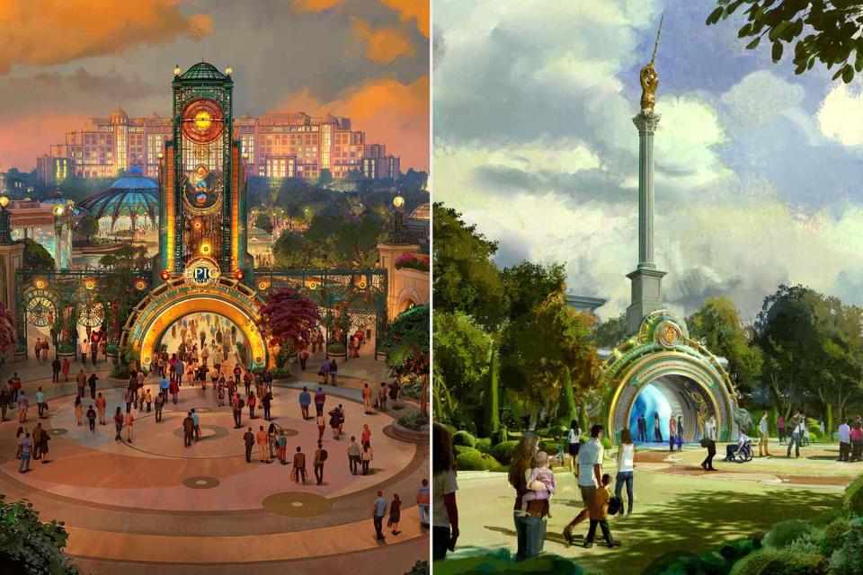 <p>Universal Orlando Resort</p> Concept art for Celestial Park (left) and Ministry of Magic (right) at Epic Universe.