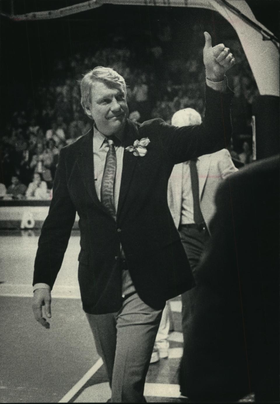 Bucks coach Don Nelson showed confidence before a 121-11 win for the Bucks in Game 6 of the 1987 Eastern Conference semifinals against Boston at the Milwaukee Arena.