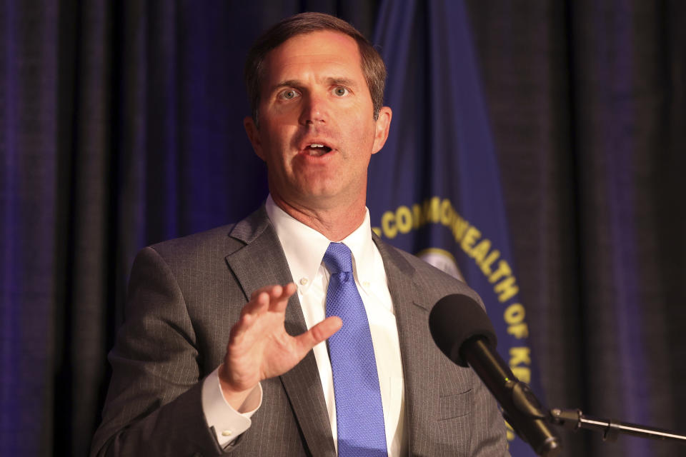 Kentucky Gov. Andy Beshear speaks to supporters after winning the Democrat primary election at the Kentucky Historical Society in Frankfort, Ky., Tuesday, May 16, 2023. (AP Photo/James Crisp)