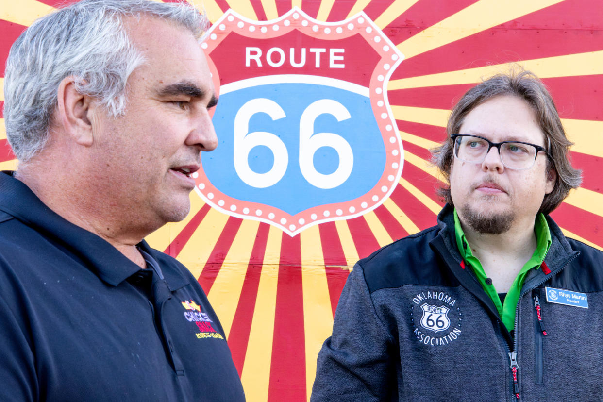 Rhys Martin, president of Oklahoma's Route 66 Association, is pictured Nov. 28 with Eddy Gochenour, owner of Chicken Shack, in Arcadia.