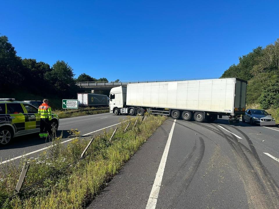 The lorry has collided with the central reservation on the A43 in Northamptonshire. (Photo: Northants Roads Policing Team)