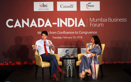 Canadian Prime Minister Justin Trudeau speaks during the Canada-India business forum in Mumbai, India, February 20, 2018. REUTERS/Danish Siddiqui
