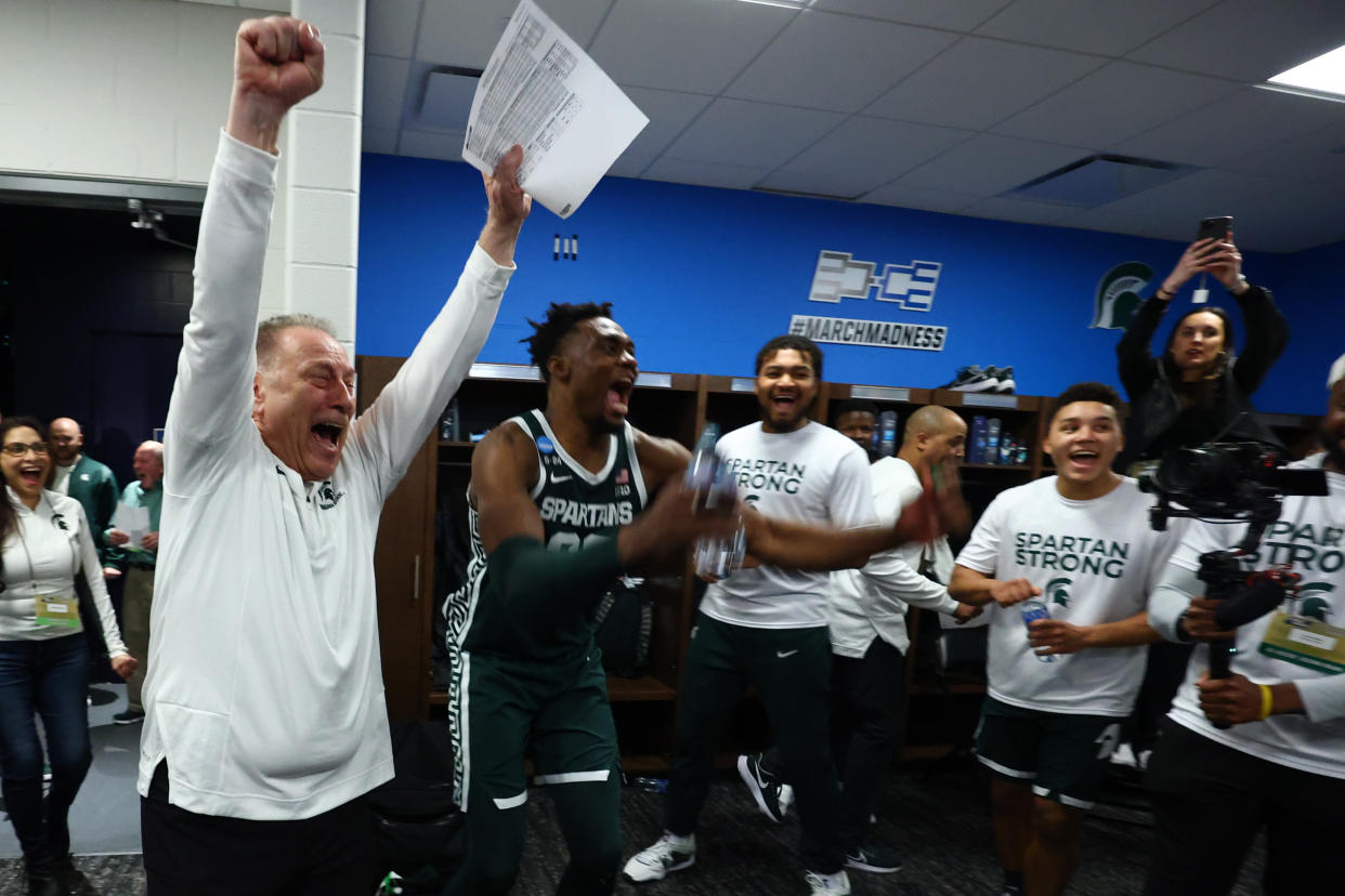 COLUMBUS, OH - MARCH 19: Head coach Tom Izzo of the Michigan State Spartans celebrates their win over the Marquette Golden Eagles during the second round of the 2023 NCAA Men's Basketball Tournament held at Nationwide Arena on March 19, 2023 in Columbus, Ohio. (Photo by Tyler Schank/NCAA Photos via Getty Images)