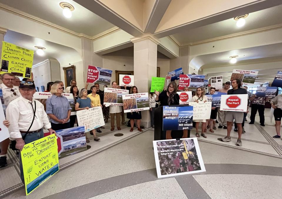 Deeda Seed, a senior campaigner for the Center for Biological Diversity, speaks at a rally at the Utah Capitol opposing the Golden Spike Inland Port Project Area on Thursday morning.