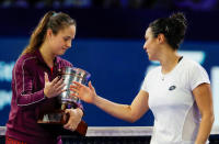 Tennis - Kremlin Cup - Women's singles - Final - Moscow, Russia - October 20, 2018 Daria Kasatkina of Russia holds her trophy after defeating Ons Jabeur of Tunisia. REUTERS/Sergei Karpukhin