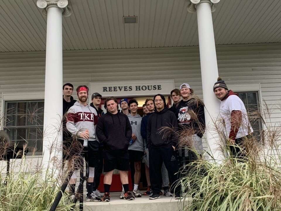 Members of Adrian College’s Theta-Omicron Chapter of Tau Kappa Epsilon (TKE) are pictured out front of the Reeves Fraternity House on the AC campus.