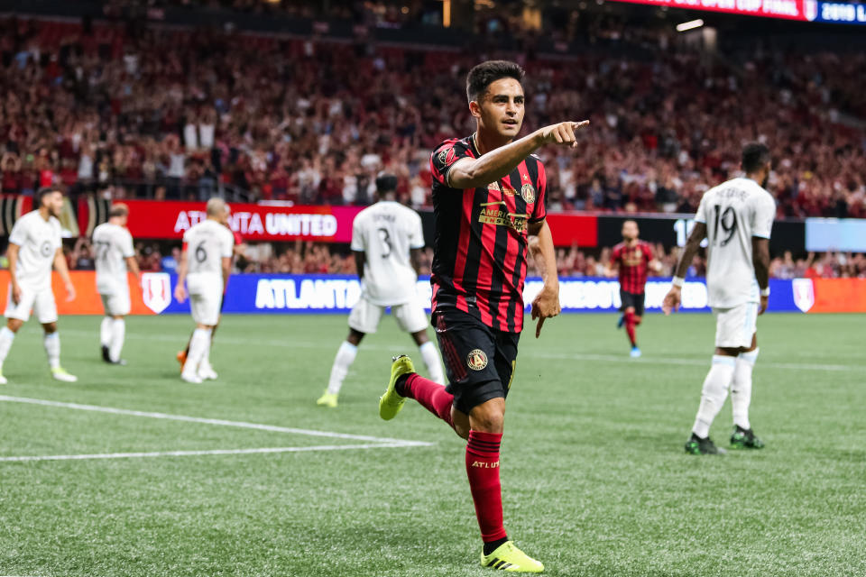 ATLANTA, GA - AUGUST 27: Gonzalo "Pity" Martínez #10 of Atlanta United celebrates his goal scored during the first half of the U.S. Open Cup Final against Minnesota United FC at Mercedes-Benz Stadium on August 27, 2019 in Atlanta, Georgia. (Photo by Carmen Mandato/Getty Images)