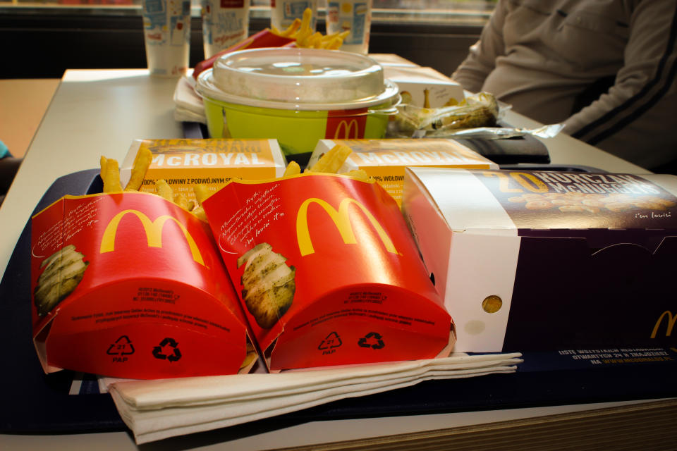 Tarnow, Poland - may 01, 2014: Lunch at McDonalds. Fries, salad, burger and milkshakes