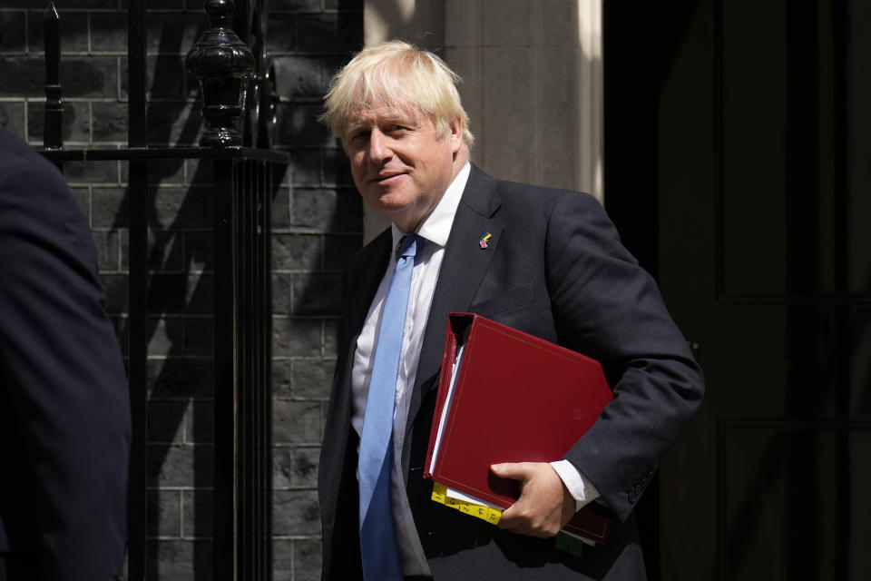 FILE - British Prime Minister Boris Johnson leaves 10 Downing Street, in London, July 20, 2022. Supreme Court Justice Samuel Alito mocked foreign leaders' criticism of the Supreme Court decision he authored overturning a constitutional right to abortion, in his first public comments since last month's ruling. (AP Photo/Matt Dunham, File)