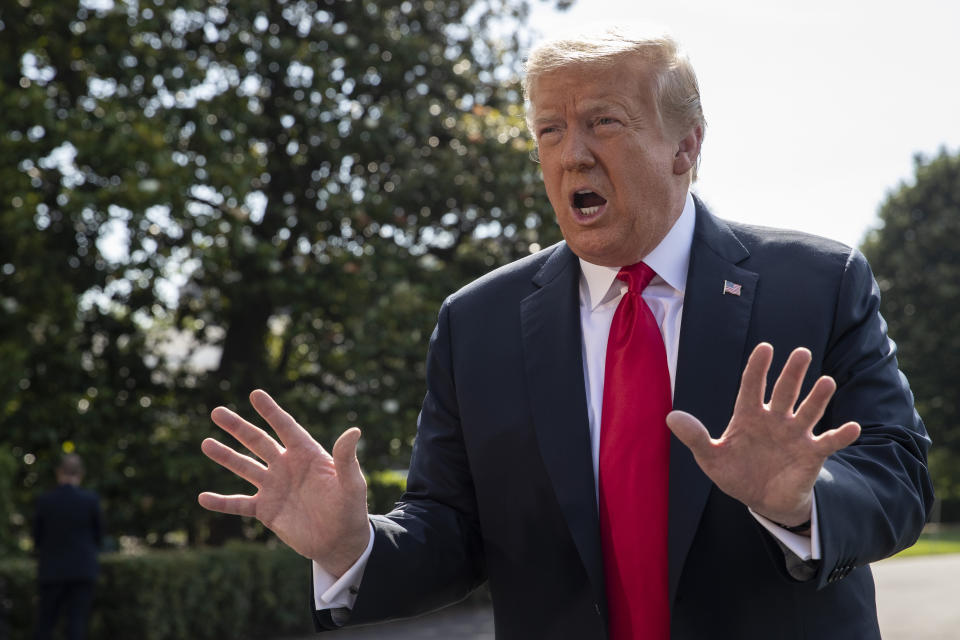 President Donald Trump speaks with reporters before departing on Marine One on the South Lawn of the White House, Tuesday, June 23, 2020, in Washington. (Alex Brandon/AP)