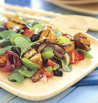Grilled Cornbread Salad with Red Onions, Arugula, and Red Wine Vinaigrette