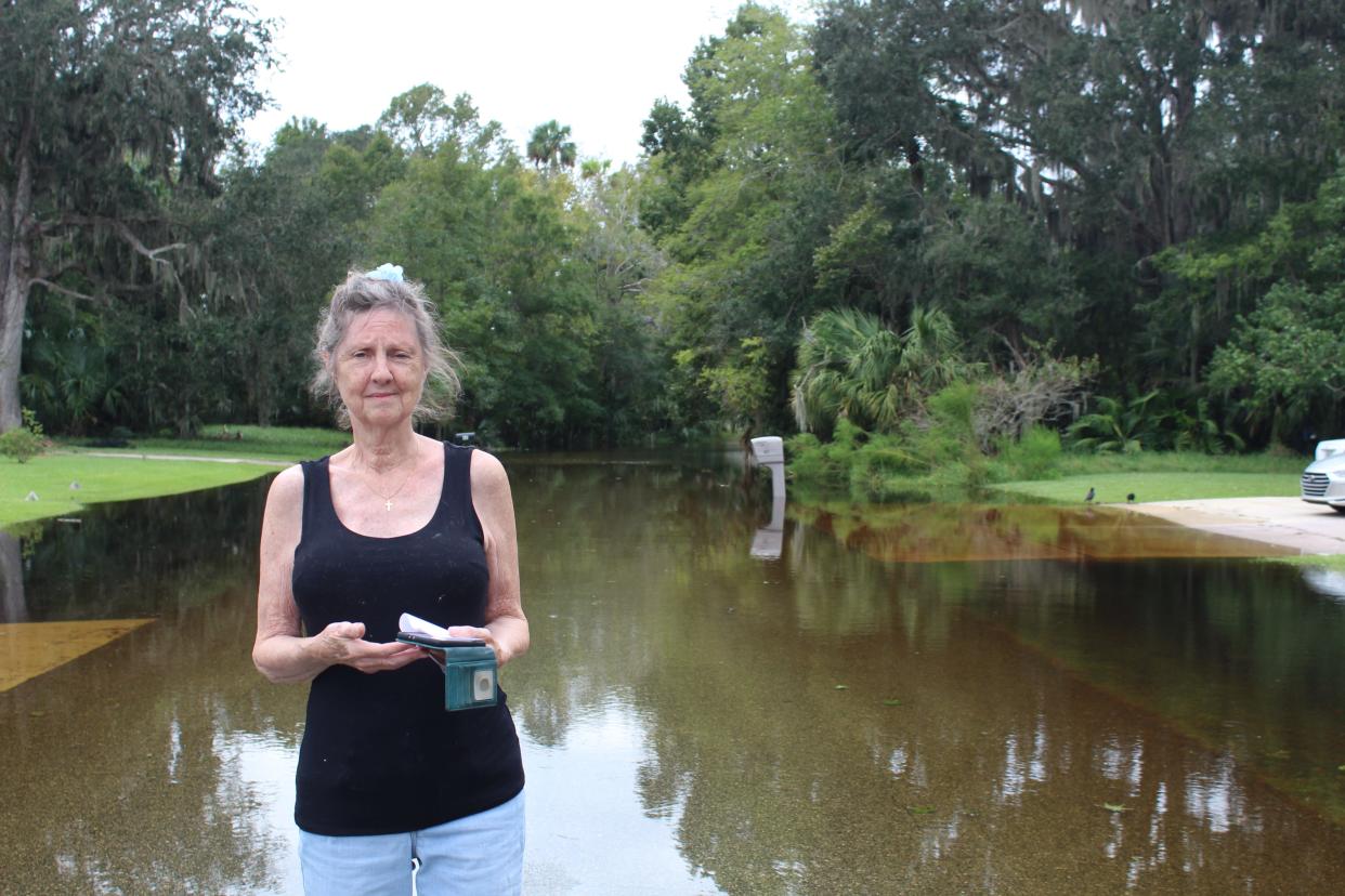 Barbara Brown stands on the road that runs in front of her house in the Woodlands in Palm Coast.