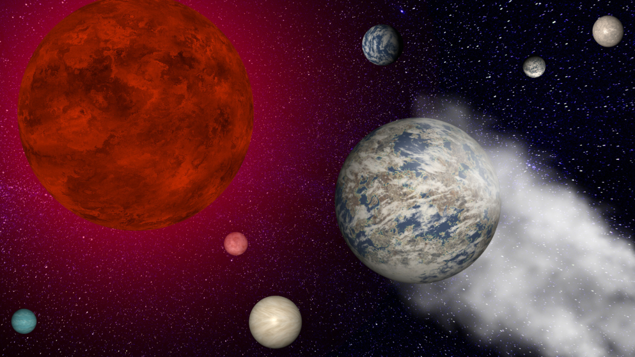  An illustration of Trappist-1e shows the potentially habitable exoplanet being stripped of its atmosphere by harsh radiation from its red dwarf star as its planetary siblings watch on. 