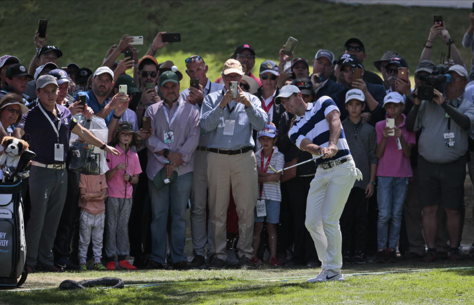 Rory McIlroy of Northern Ireland follows his approach to the first green during the third round for the WGC-Mexico Championship golf tournament, at the Chapultepec Golf Club in Mexico City, Saturday, Feb. 22, 2020.(AP Photo/Fernando Llano)