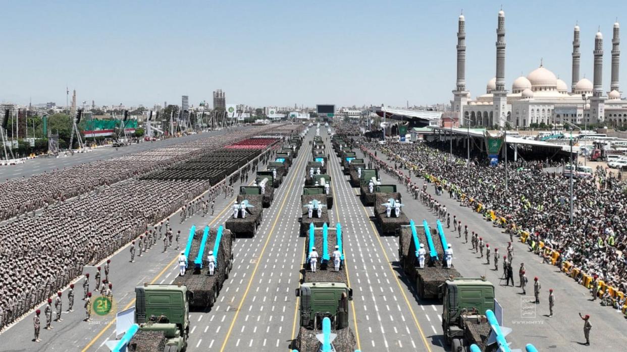 PHOTO: Yemen's Houthi group held a military parade, commemorating the 9th anniversary of their takeover of the capitol, Sept. 21, 2023, in Sana'a, Yemen. (Mohammed Hamoud/Getty Images)