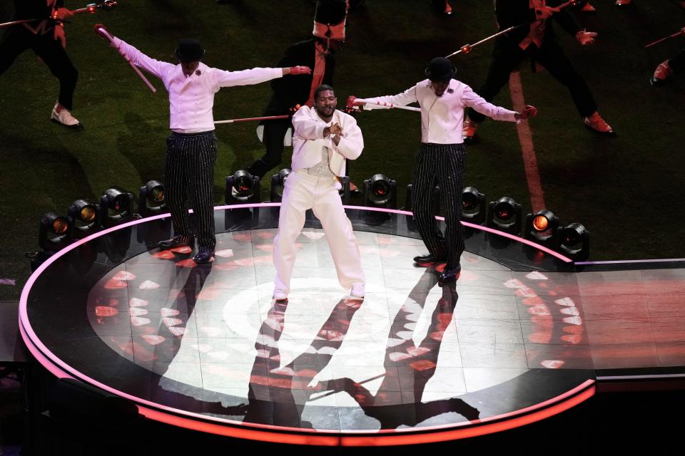 Usher performs during halftime of the NFL Super Bowl 58 football game between the San Francisco 49ers and the Kansas City Chiefs on Sunday, Feb. 11, 2024, in Las Vegas. (AP Photo/Charlie Riedel)