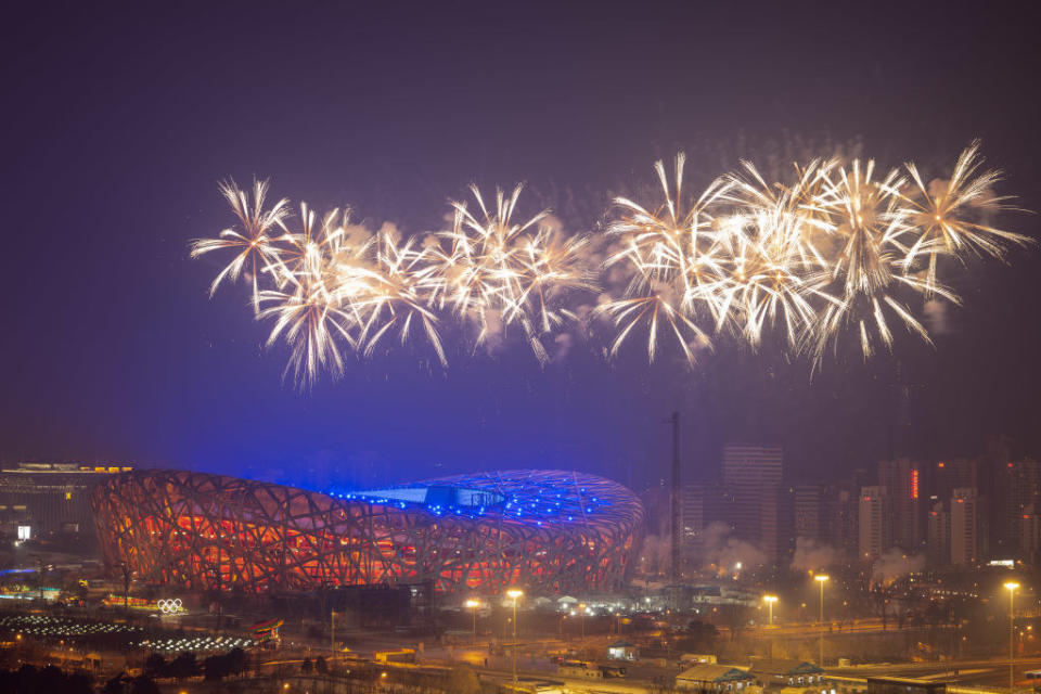 shot of Beijing 2022 Olympic rehearsal for the opening ceremony, complete with fireworks display