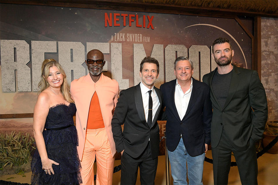 Deborah Snyder, Djimon Hounsou, Zack Snyder, Ted Sarandos, Co-CEO of Netflix, and Stuart Martin attend the Netflix Premiere of Zack Snyder's REBEL MOON - Part One: A Child of Fire at TCL Chinese Theatre on December 13, 2023 in Hollywood, California.