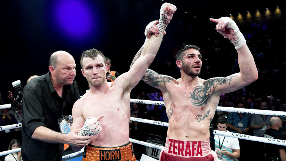 Jeff Horn is congratulated by Michael Zerafa after their during the middleweight bout between Jeff Horn and Michael Zerafa in Brisbane, Australia. (Photo by Bradley Kanaris/Getty Images)